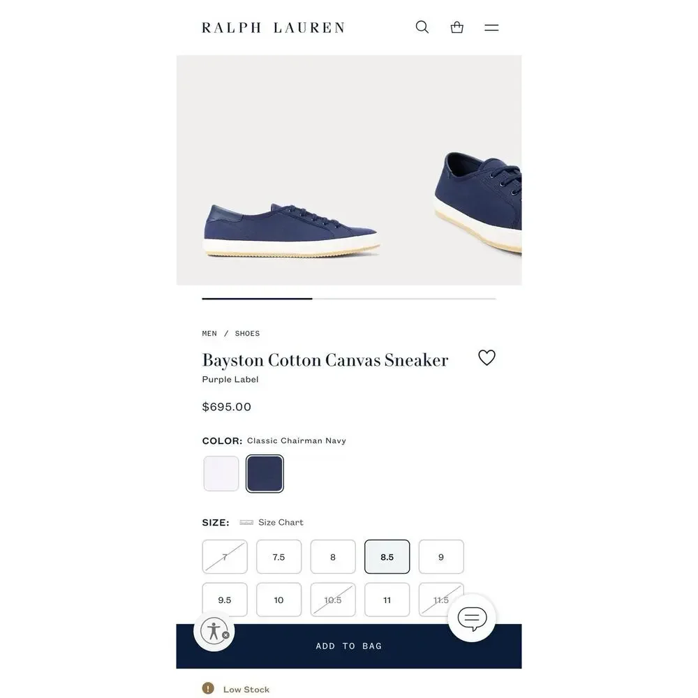 Ralph Lauren Bayston Cotton Men's Canvas Sneaker - Navy - Size 8 D